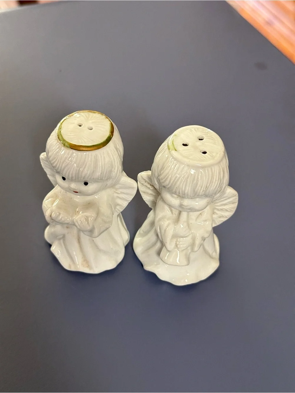 Vintage White Ceramic Angel Salt and Pepper Shakers with Gold Trim
